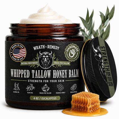 Organic Beef Tallow for Skin & Face - Whipped Honey Balm, Eucalyptus (4 OZ)