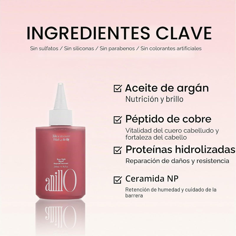 ANILLO Tratamiento Rosy Night de ampollas capilares para cabello dañado – Fórmula de reparación de agua a crema con péptidos y aminoácidos – Control del encrespamiento, seguro para el color, sin silic