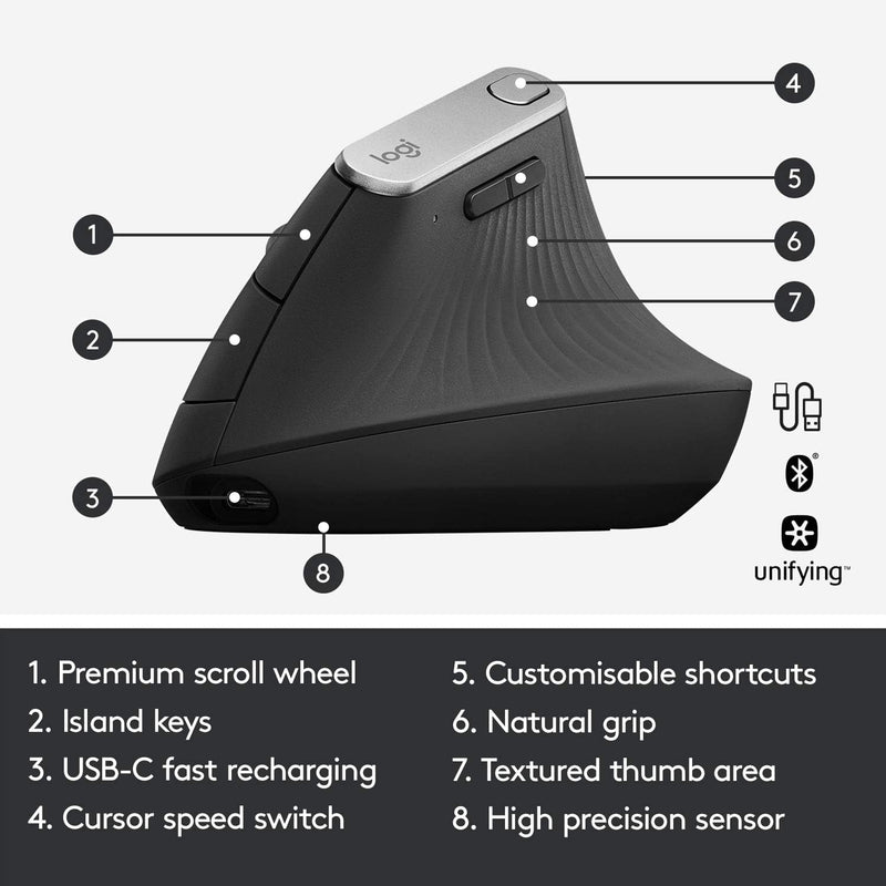 Logitech MX Vertical Wireless Mouse Ergonomic Design - Graphite