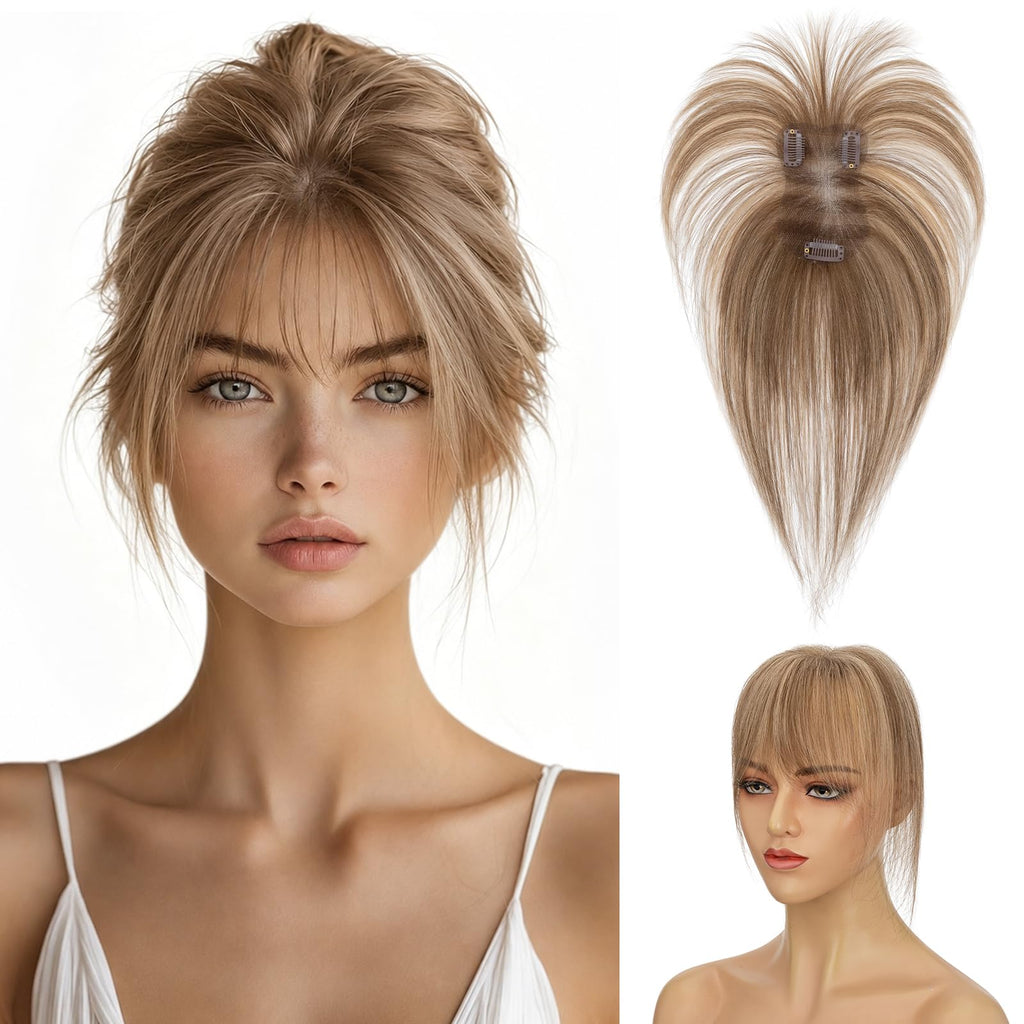 Hairro Hair Toppers For Women Real Human Hair Clip In Bangs 3D Cover Remy Clip On Topper Hairpieces For Short Thinning Hair Wispy Fake Bang 11 Inch 14g #4P27 Medium Brown Mix Dark Blonde