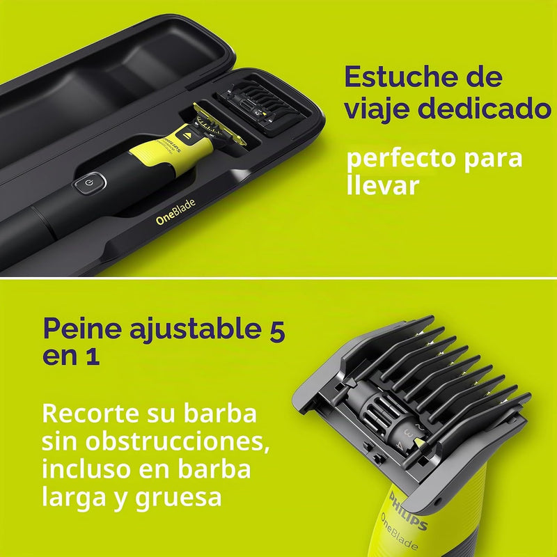 Philips Norelco OneBlade 360 con conectividad híbrida cara + cuerpo, recortadora eléctrica de barba, afeitadora y peluquería corporal con tecnología de cuchillas 360, hoja 1 x 360, peine 5 en 1, estuc