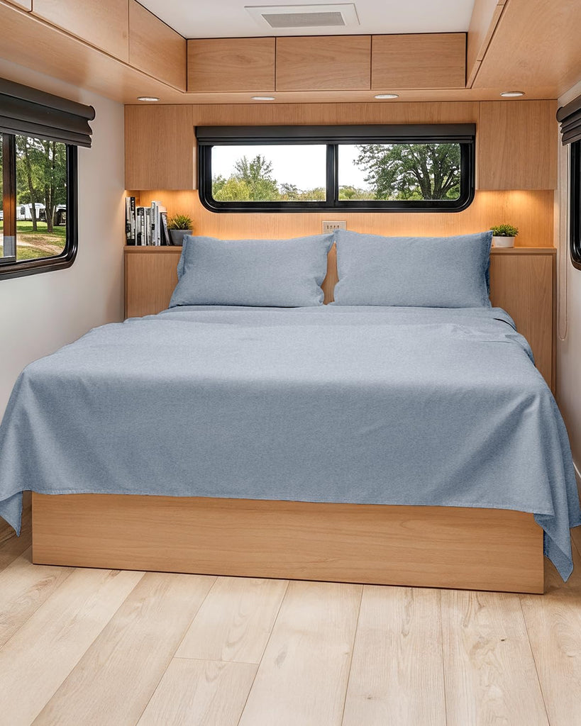 Short Queen Size 4 Piece Bed Sheet Set - RV Short Queen - Heathered Blue