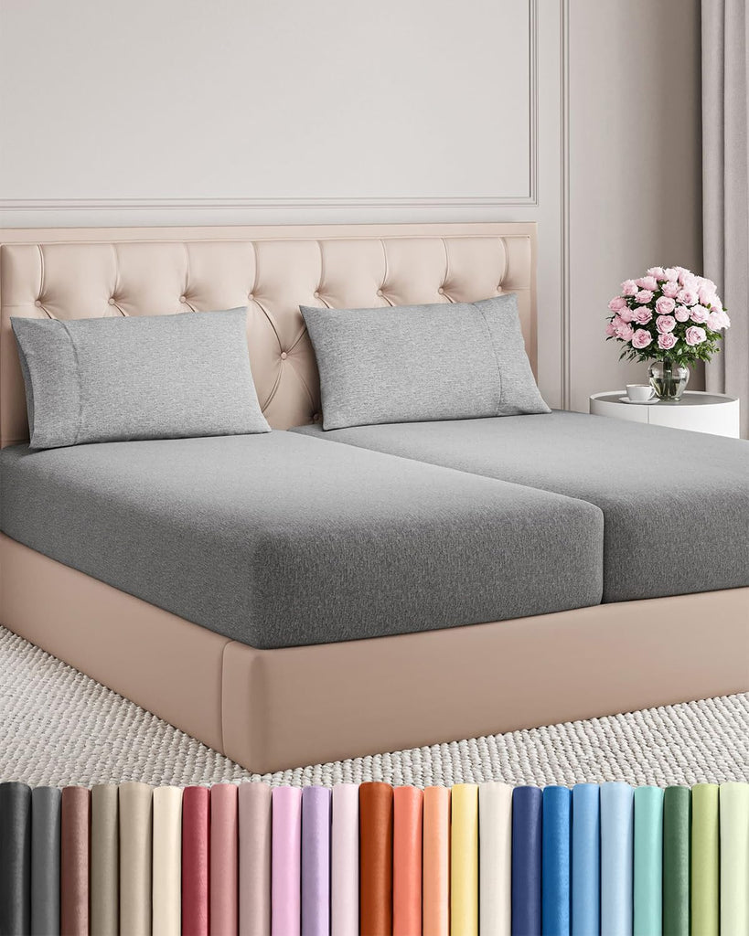 Split King Size 5 Piece Sheet Set - Breathable & Cooling - Heathered Grey
