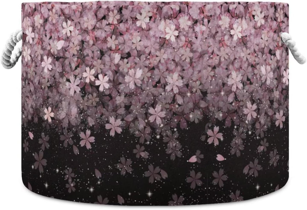 LEANSHSA Pink Cherry Blossoms Collapsible Round Storage Basket with Handles