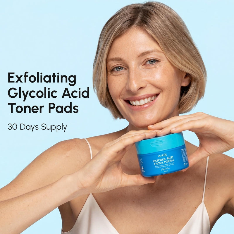 MAREE Almohadillas de ácido glicólico - Discos tonificantes para la limpieza facial - Disco exfoliante con aceite de árbol de té, ácido salicílico y vitaminas E, B3, B5 - Aparato para aclarar el acné