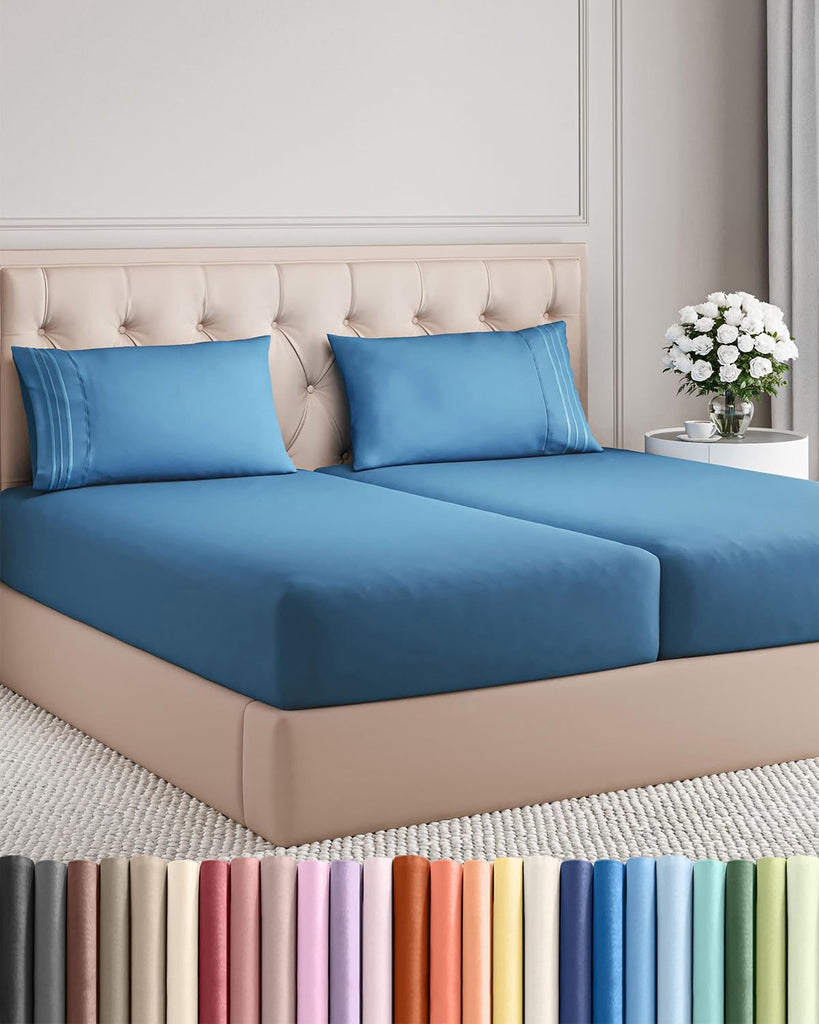 Split King Size 5 Piece Sheet Set - Comfy Breathable & Cooling - Denim Blue