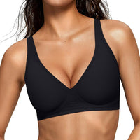 OEAK Womens Deep V Bras Wireless Comfortable Bra Supportive No Underwire Bras Tshirt Push Up Bralettes Plunge Seamless Bra Black L