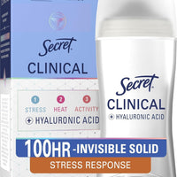 Secret Clinical Strength 100HR Sweat & Odor, Stress Response Invisible Solid Antiperspirant Deodorant for Women, 3X Stress Protection with Hyaluronic Acid, PH Balancing Minerals, 2.6 oz