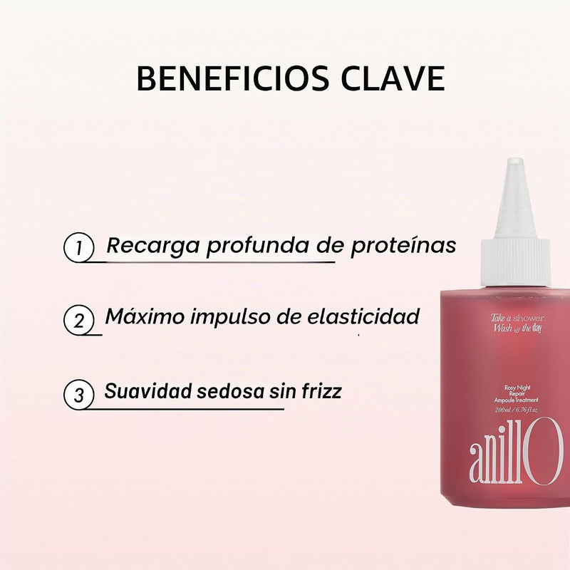 ANILLO Tratamiento Rosy Night de ampollas capilares para cabello dañado – Fórmula de reparación de agua a crema con péptidos y aminoácidos – Control del encrespamiento, seguro para el color, sin silic