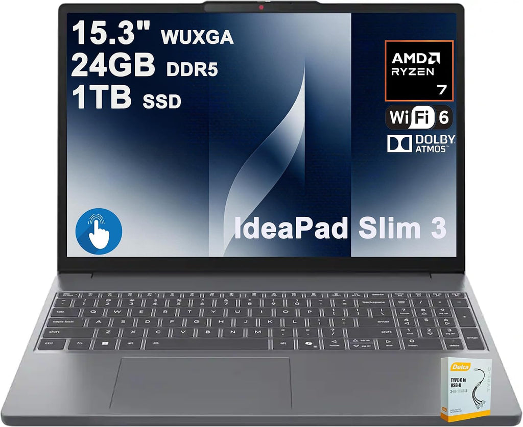 Lenovo IdeaPad Slim 3 Business Laptop | 15.3" WUXGA IPS Anti-Glare Touchscreen | AMD 8-core Ryzen 7 170 | 24GB DDR5 1TB