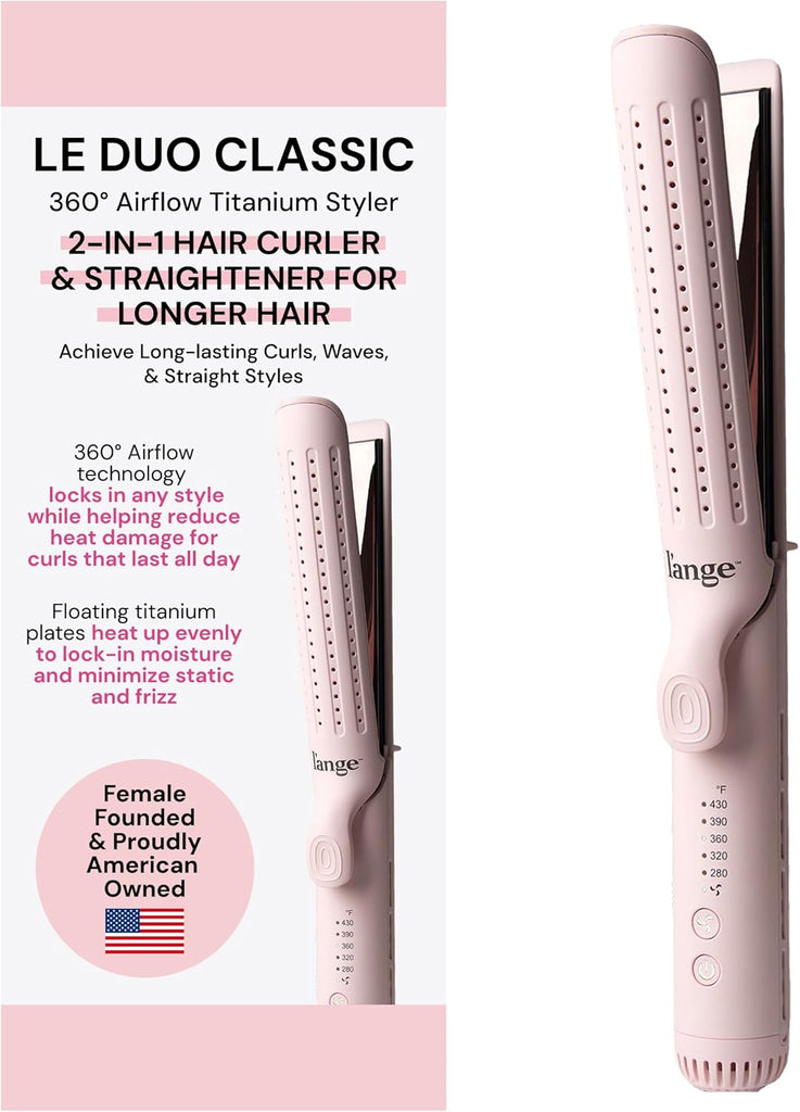 L'ANGE HAIR Le Duo Grande 360° Airflow Styler | Curl & Straighten with One Tool | 5.3" Snag-Free Titanium Plates | Cooling Air Vents to Set Curls | Adjustable Temp & Auto Shut-Off | Blush