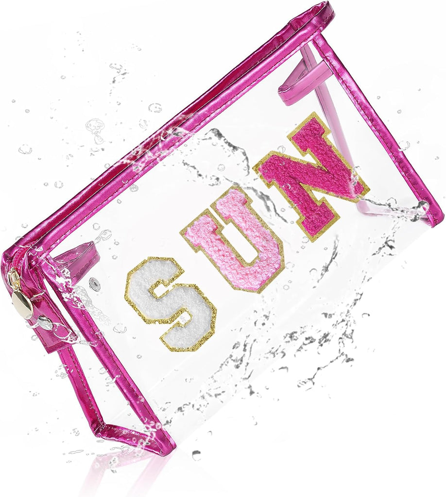 COSHAYSOO Sunscreen Bag Clear Makeup Toiletry Pouch Small for Women Teen Girls Beach Bogg Bags Accessories Face Sunscreens Spf 50 Sunblock Suncream Tan Tanning Lotion Summer Things Essentials Pink SUN