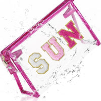 COSHAYSOO Sunscreen Bag Clear Makeup Toiletry Pouch Small for Women Teen Girls Beach Bogg Bags Accessories Face Sunscreens Spf 50 Sunblock Suncream Tan Tanning Lotion Summer Things Essentials Pink SUN