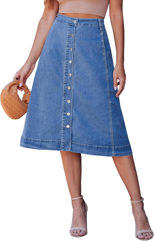 luvamia Jean Skirts for Women Trendy Midi Length A Line Jean Skirt Plus Size with Pockets Midi Summer Skirts Button Down