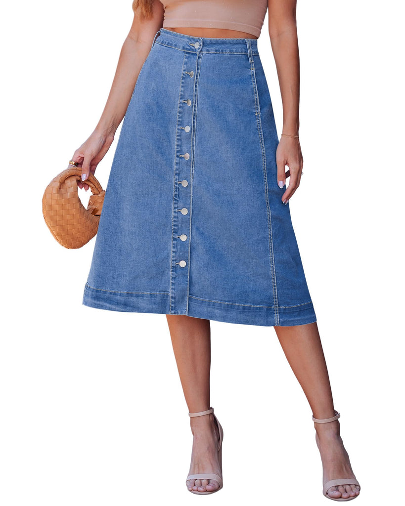 luvamia Jean Skirts for Women Trendy Midi Length A Line Midi Blue Jean Skirt Casual A-line Denim Skirts Button Down Fron