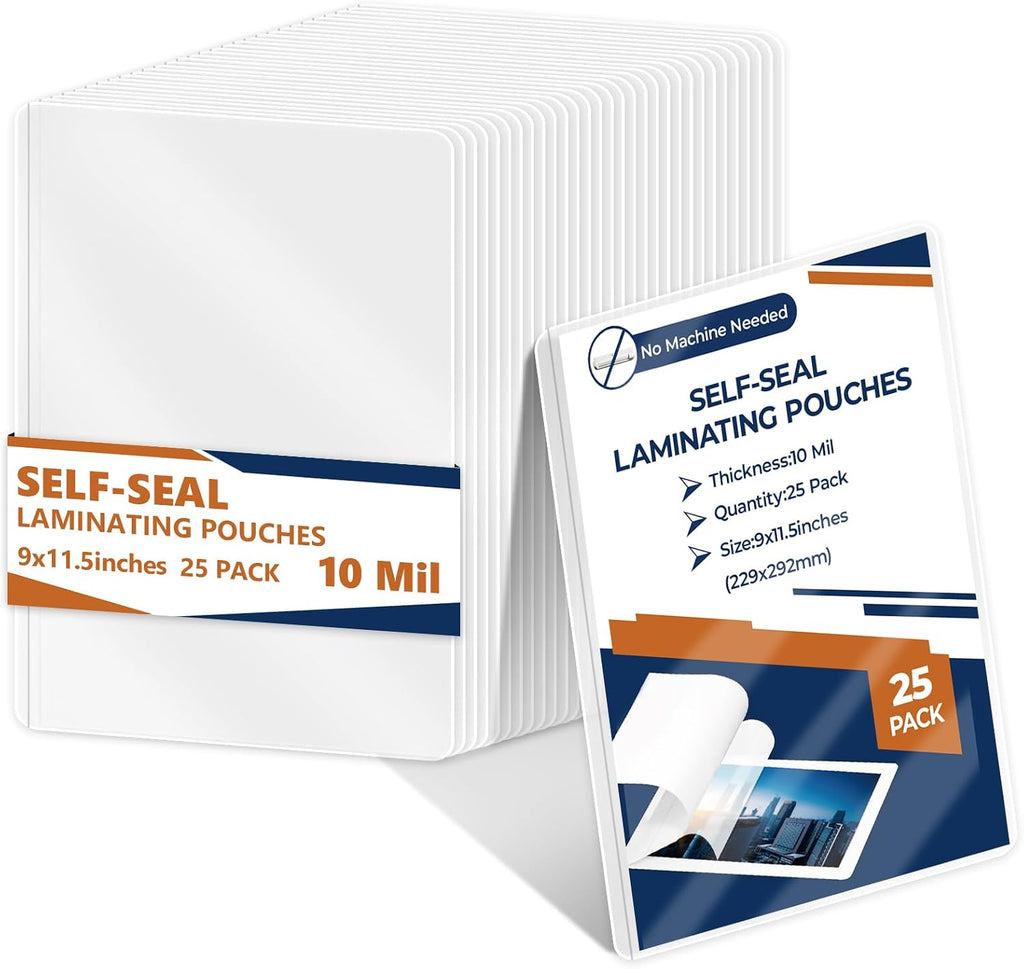 25 Pack 10 Mil 9"x12" Self Sealing Laminating Pouches Self Adhesive Lamination Pouches Clear Laminate Sheets for Office