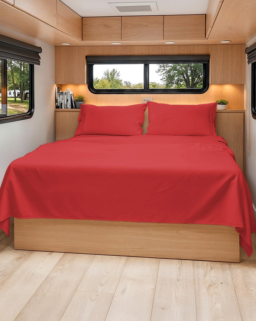 Short Queen Size 4 Piece Bed Sheet Set - RV Short Queen Sheets - Red