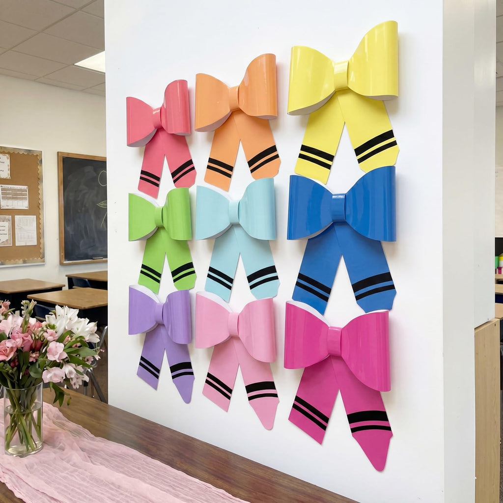 Knitgrip 9 Pcs Large Crayon Bow Classroom Decor Back to School Decoration 9.3"x11.1" 3D Crayon Bow End of Year Bulletin