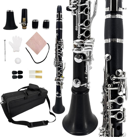 YoungMonic Ebonite Wood E Flat Clarinet with Nickel-Plated Keys for Orchestral Performance Professional Black E Clarinets with Padded Carry Box & Full Maintenance Kits(n1)