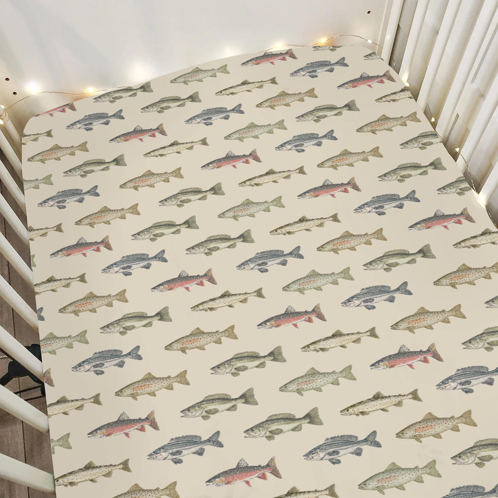 Lake Fishing Baby Crib Sheets for Boy Girl 52"x28" Freshwater Fishes Soft Snug Fitted Crib Mattress Covers Hunting Campi