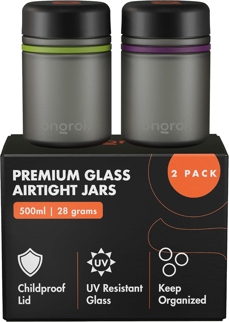 ONGROK Glass Storage Jar, 500ml, 2 Pack, UV Herb/Spice Jar with Child Resistant Lid, Color-Coded Glass Containers Air Pr