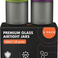 ONGROK Glass Storage Jar, 500ml, 2 Pack, UV Herb/Spice Jar with Child Resistant Lid, Color-Coded Glass Containers Air Pr