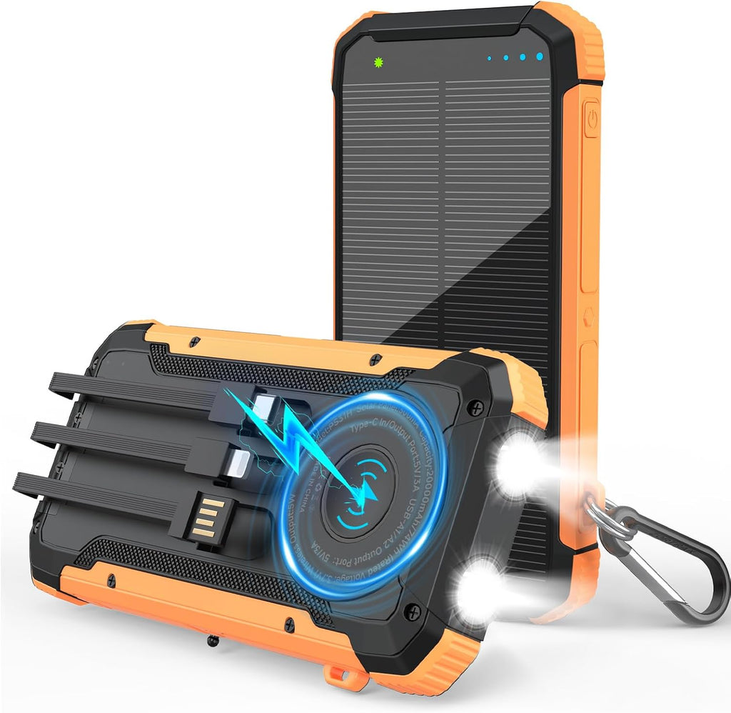 Solar Power Bank 20000mAh, Portable Charger with Built-in 3 Cables (USB-C/Lightning/Micro-USB), 15W Fast Charge, Battery