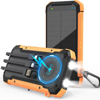 Solar Power Bank 20000mAh, Portable Charger with Built-in 3 Cables (USB-C/Lightning/Micro-USB), 15W Fast Charge, Battery