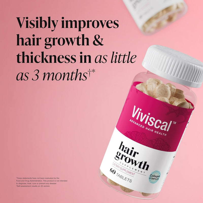 Viviscal Suplementos para el crecimiento del cabello para mujeres, soporte para el cabello más grueso y completo para adelgazar el cabello y la pérdida de cabello, con biotina y colágeno marino, sin