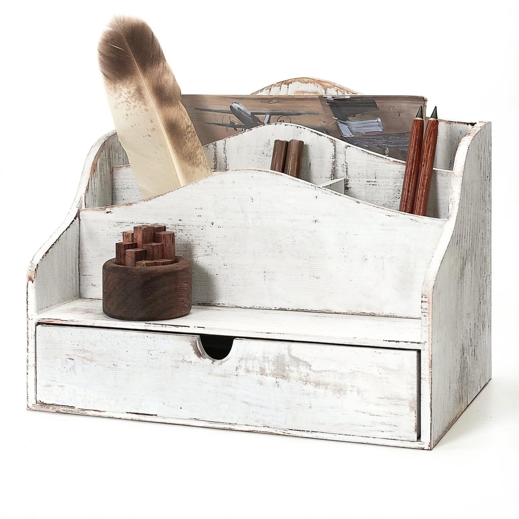 Rebee Vision Mail Organizer for Desk with Drawer for Room Decor, Whitewash