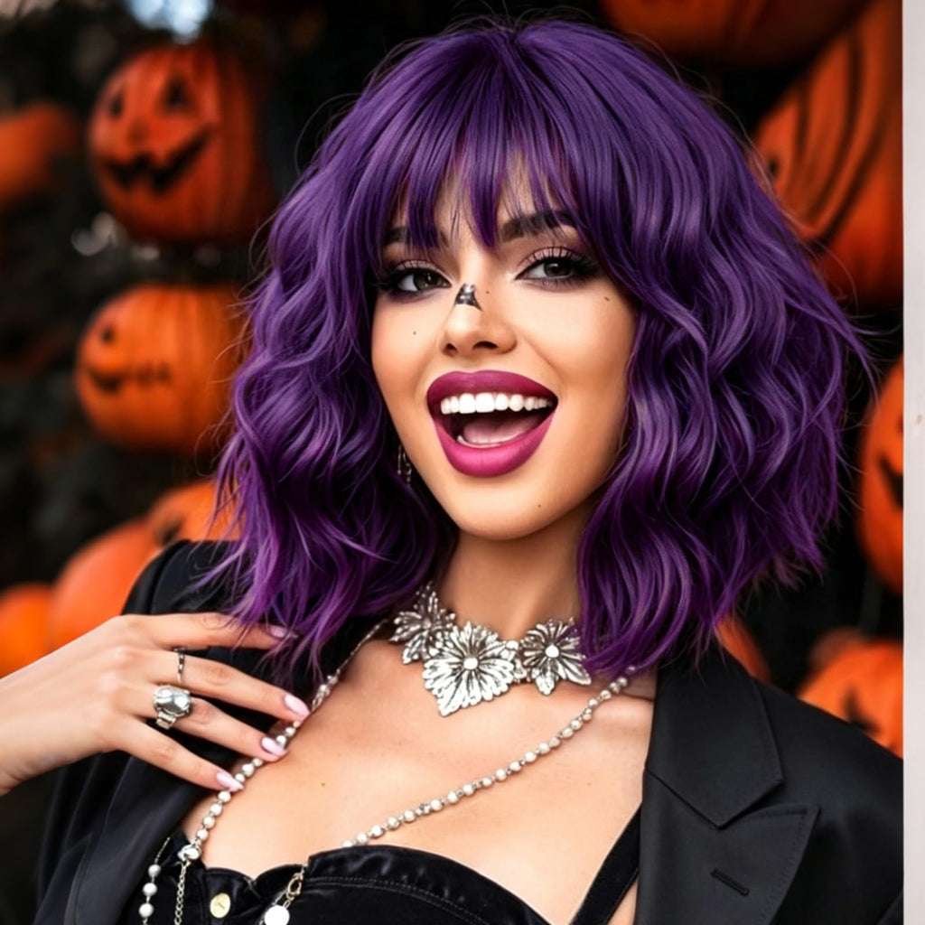 PHOENIXFLY Purple Short Wavy Bob Synthetic Wig with Bangs for Women
