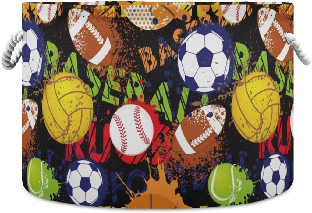 LEANSHSA Sport Ball Print Collapsible Round Storage Basket with Handles