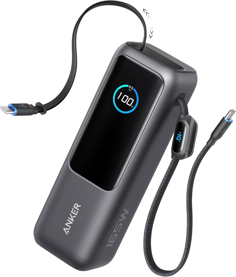 Anker Laptop Power Bank,25,000mAh Portable Charger with 165W Total Output,3 USB-C Ports (100W Max Each),Built-in Retractable Cables,Flight-Ready,for iPhone 17/16 Series,MacBook,Samsung,and More