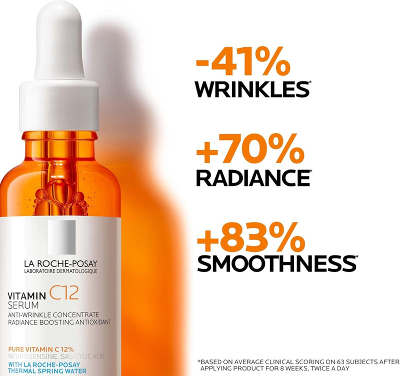 La Roche-Posay Suero puro de Vitamina C al 12% para cara con ácido hialurónico y ácido salicílico, suero facial hidratante, aumenta la luminosidad y reduce las arrugas, 2 fórmulas para piel normal