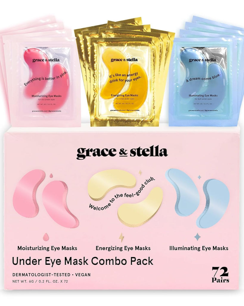 grace & stella Under Eye Mask - Reduce Dark Circles, Puffy Eyes, Undereye Bags, Wrinkles - Gel Under Eye Patches, Bulk Gifts for Women - Vegan Cruelty-Free Self Care (72 Pairs, Gold, Pink, & Blue)