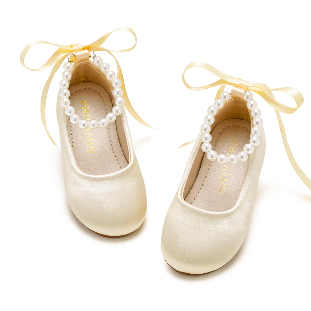 PHIRAMIN Toddler Flower Girl Satin Gold Dress Shoes - Little Girl Ballet Flats Size 12 Pearl Wedding Party