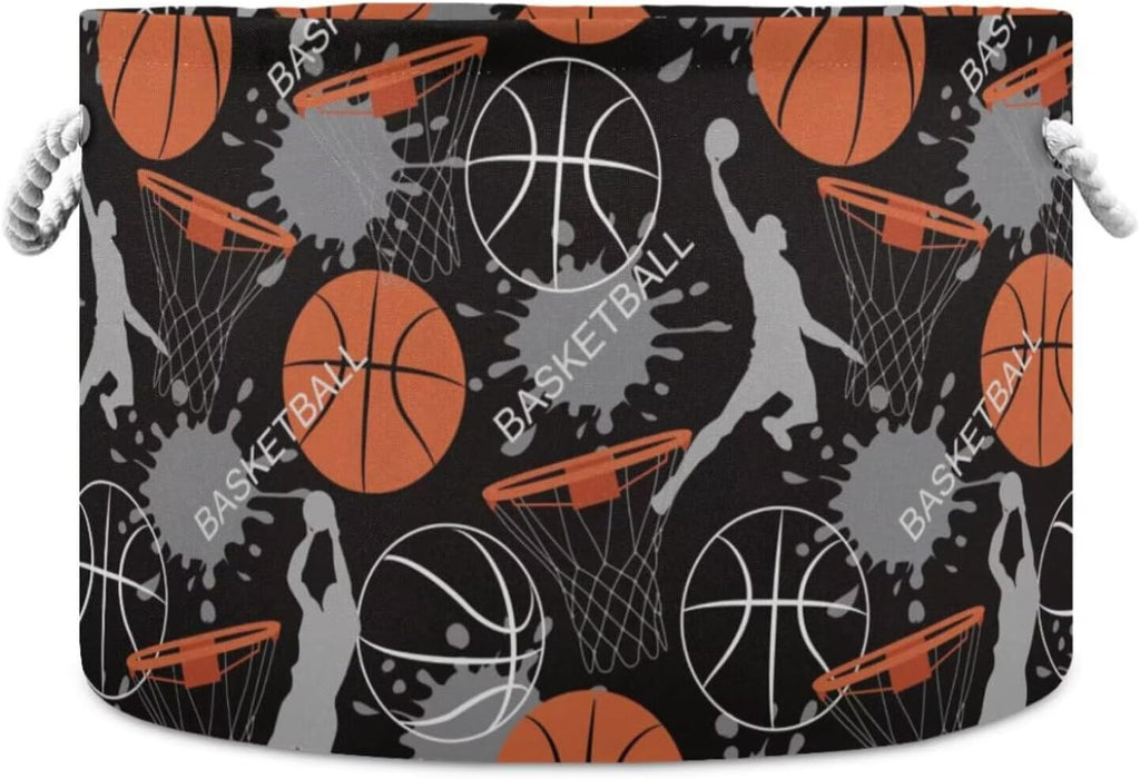 LEANSHSA Basketball Print Collapsible Round Storage Basket with Handles
