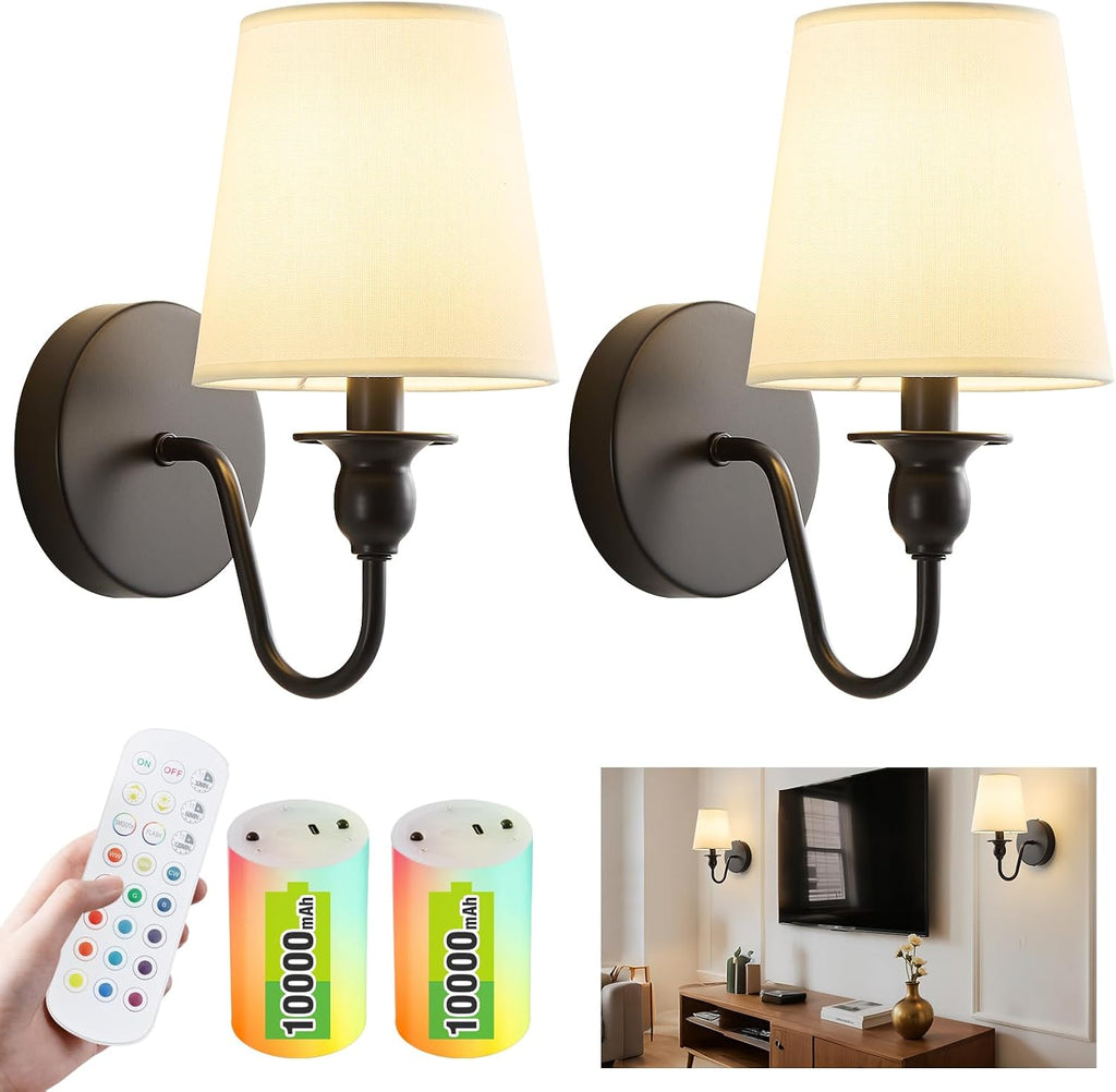 Battery Operated Wall Sconce Set of 2,Wireless Wall Sconces with 10000 mAh,RGB Rechargeable Sconces with Remote,Cordless