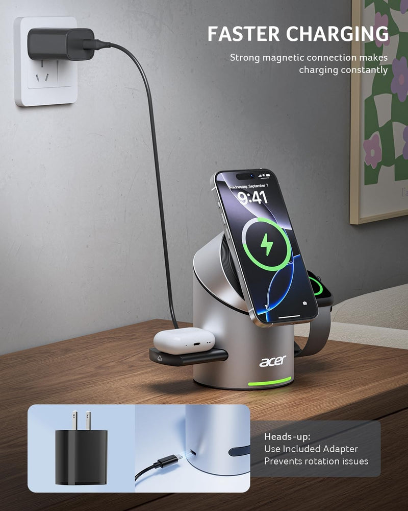 Acer Prime 3 in 1 Charging Station for Apple - Magnetic iPhone Wireless Charging Station, Magsafe Charger Stand for iPhone 17 16 15 14 13 12 - Apple Watch - Airpods Series (Charger & USB-C Included)