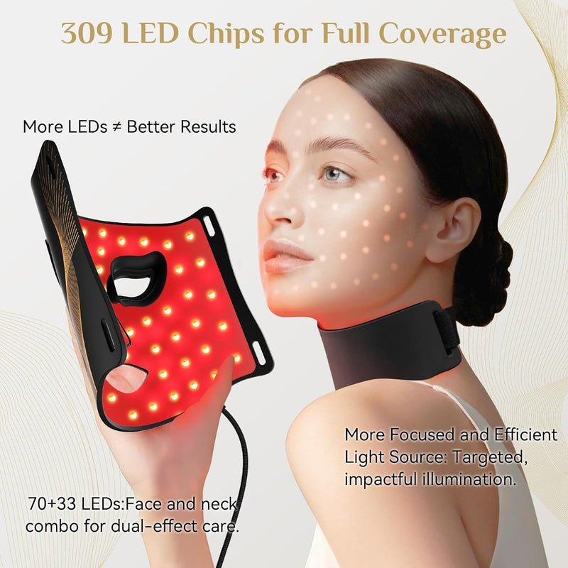 FOLOKE Terapia de luz roja para cara, máscara de terapia de luz LED, máscara y cuello, terapia de luz LED roja y NIR, longitud de onda para uso doméstico, trabajo, viajes, yoga, sueño