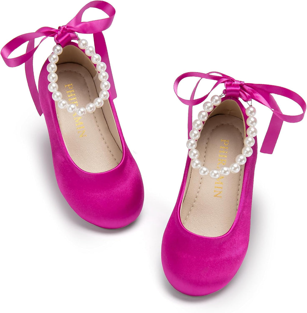 PHIRAMIN Toddler Flower Girl Satin Hot Pink Dress Shoes - Little Girl Ballet Flats Size 9 Pearl Wedding Party