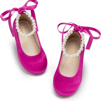 PHIRAMIN Toddler Flower Girl Satin Hot Pink Dress Shoes - Little Girl Ballet Flats Size 9 Pearl Wedding Party