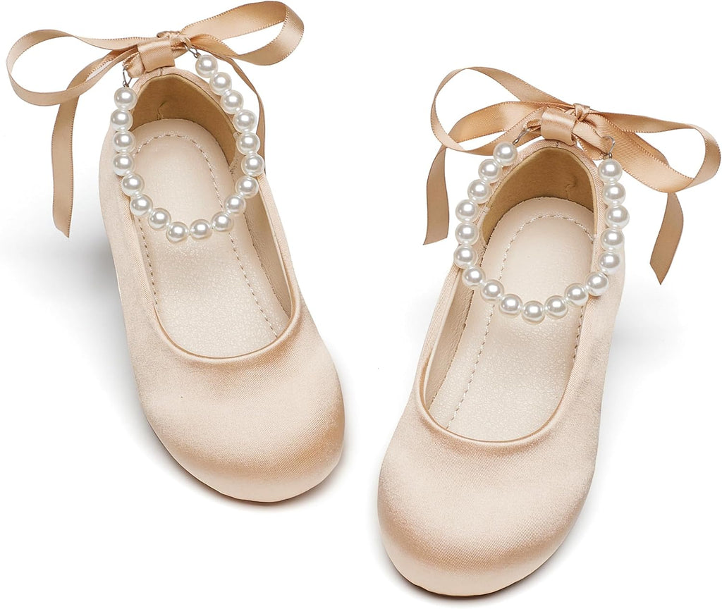 PHIRAMIN Toddler Flower Girl Satin Champagne Dress Shoes - Little Girl Ballet Flats Size 11 Pearl Wedding Party