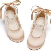 PHIRAMIN Toddler Flower Girl Satin Champagne Dress Shoes - Little Girl Ballet Flats Size 6 Pearl Wedding Party