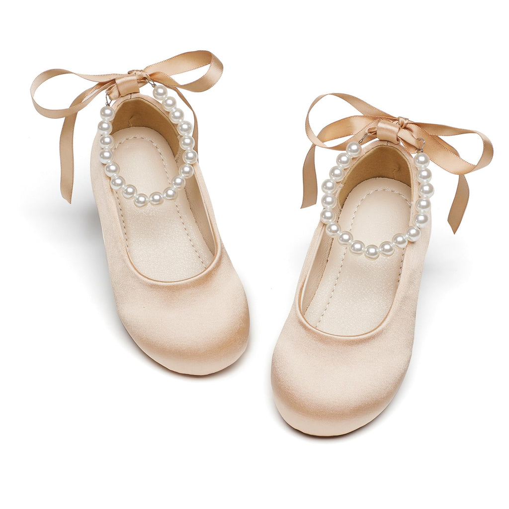 PHIRAMIN Toddler Flower Girl Satin Champagne Dress Shoes - Little Girl Ballet Flats Size 5 Pearl Wedding Party