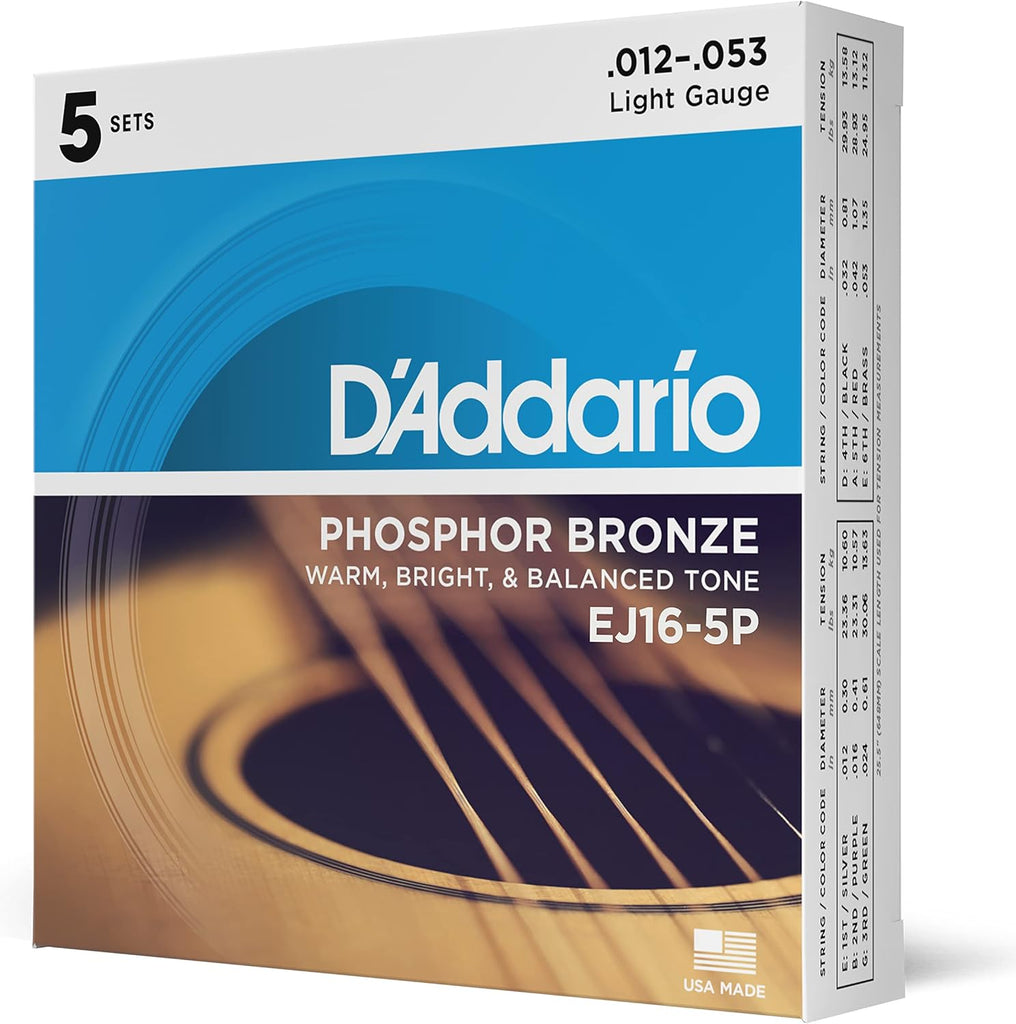 D'Addario EJ16-5P Phosphor Bronze Acoustic Guitar Strings 12-53, 5 Sets