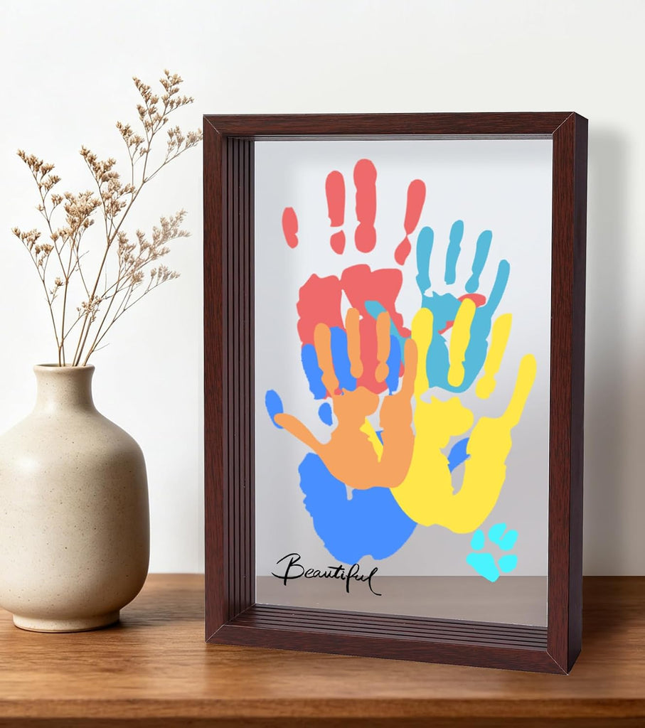 Family Handprint Kit with 5 Clear Acrylic Sheets, 12.3x8.7" Wooden Handprint Frame Kit for 5 Family Members or Pets, Uni