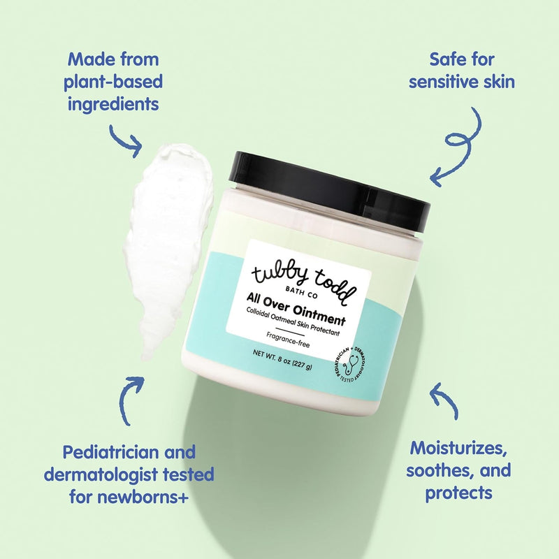 TUBBY TODD All Over Ungüento - Crema para eccema para bebé, multiuso diario, sensible, seca, irritación, crema para aliviar la piel del bebé, sin esteroides y gluten, sin fragancia, 1 paquete, 8 onzas