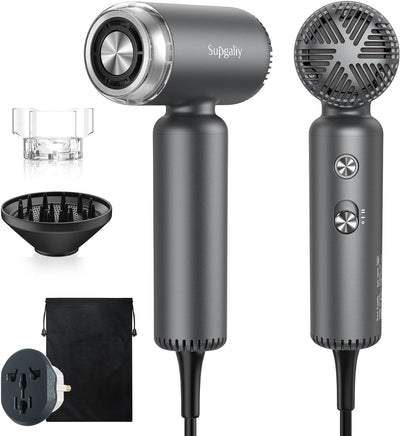 SUPGALIY Dual Voltage Hair Dryer, High-Speed Ionic Blow Dryer for Fast Drying, Travel Compact Hair Blow Dryer with Magnetic Curly Diffuser for Home, Portable Hairdryer International 100-240V
