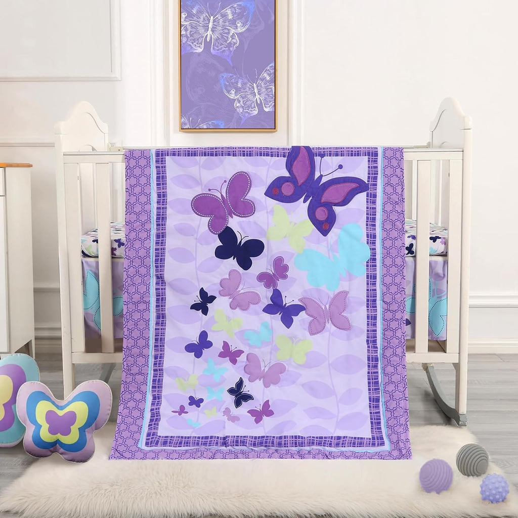 Wowelife Butterfly Crib Bedding Set for Girls 3 Piece Baby Girl Bedding Sets Purple Nursery Crib Sets Newborn, Infant &T